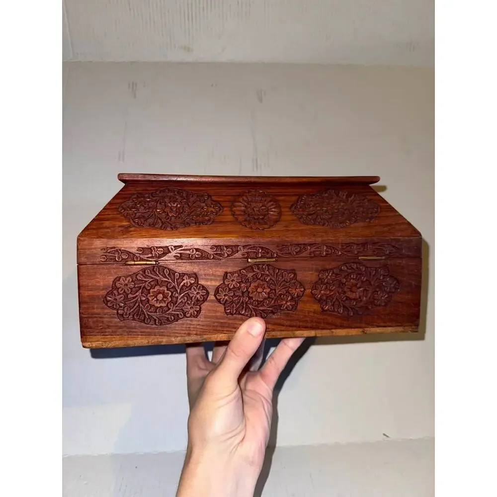Vintage Hand-Carved Anglo-Indian Jewelry Box in Teak Wood with floral inlay